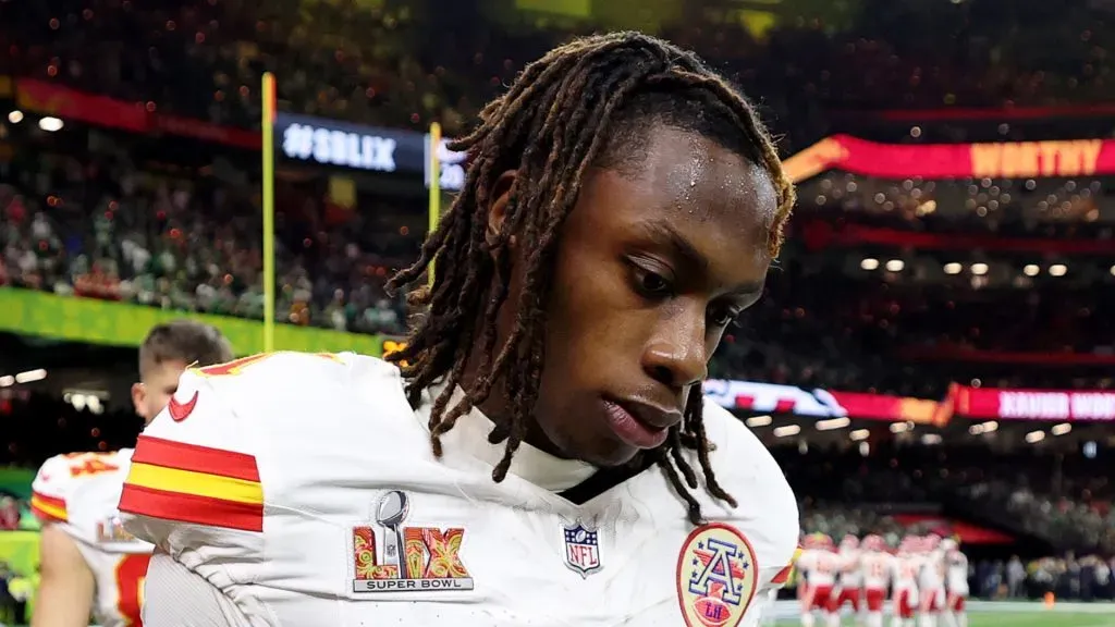 Xavier Worthy walks off the field after Philadelphia beat the Kansas City Chiefs 40-22 during Super Bowl LIX
