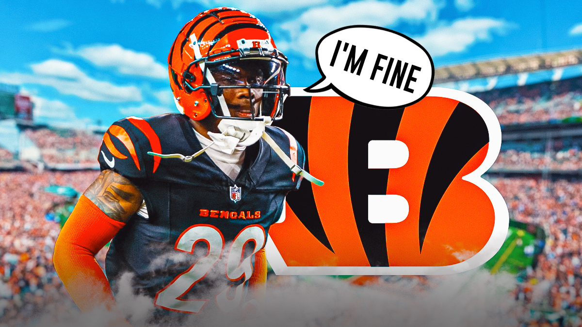 Cam Taylor-Britt with speech bubble saying "I'm Fine" beside Bengals logo