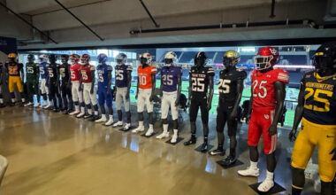 big 12 football uniforms displayed from media days...
