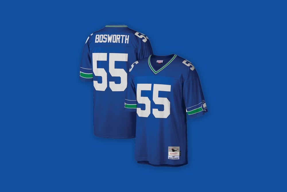 Front and back views of the Brian Bosworth Seattle Seahawks Mitchell & Ness Legacy Jersey in bright blue against a bright blue background.
