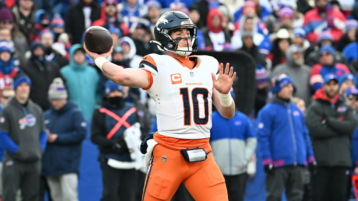 Denver Broncos quarterback Bo Nix (10) throws downfield during the fourth quarter against the Buffalo Bills in an AFC wild card game at Highmark Stadium.