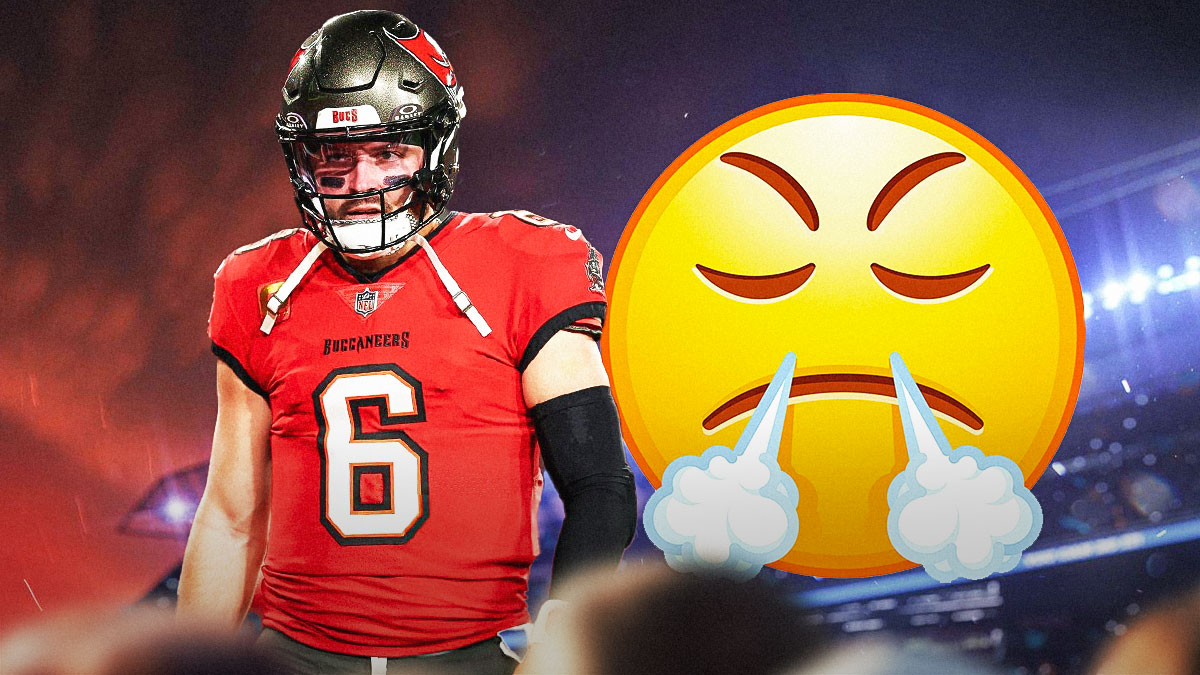 Baker Mayfield looking sad with frustrating emojis after being eliminated by the Commanders