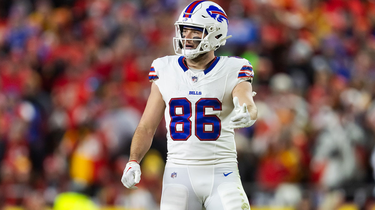 Buffalo Bills tight end Dalton Kincaid (86) against the Kansas City Chiefs during the AFC Championship game at GEHA Field at Arrowhead Stadium.