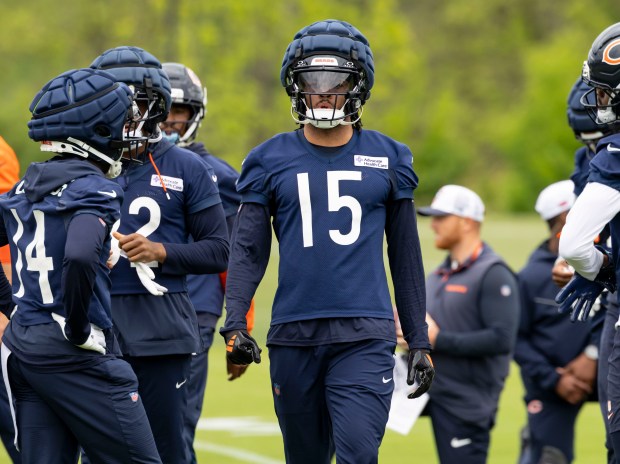 Chicago Bears wide receiver Rome Odunze (15) practices Wednesday, May 28, 2025, at Halas Hall. (Brian Cassella/Chicago Tribune)