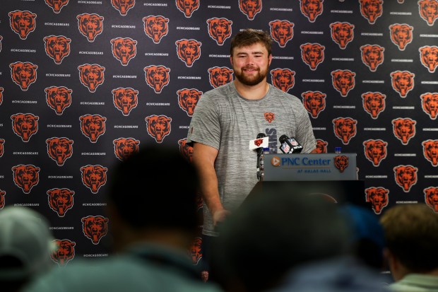 Bears offensive tackle Ozzy Trapilo answers questions during a press conference after practice at Halas Hall on June 10, 2025. (Eileen T. Meslar/Chicago Tribune)