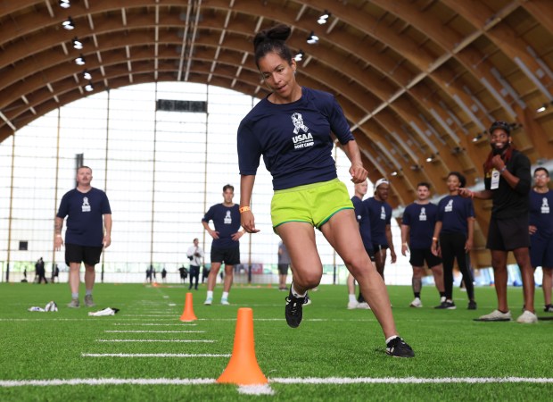 Melissa Cantizales participates in the three-cone shuttle during “USAA’s Salute...