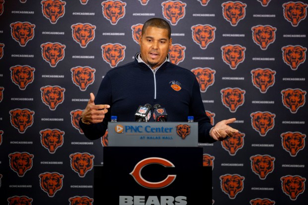 General manager Ryan Poles speaks Tuesday, July 22, 2025, as the Bears report to training camp at Halas Hall in Lake Forest. (Brian Cassella/Chicago Tribune)