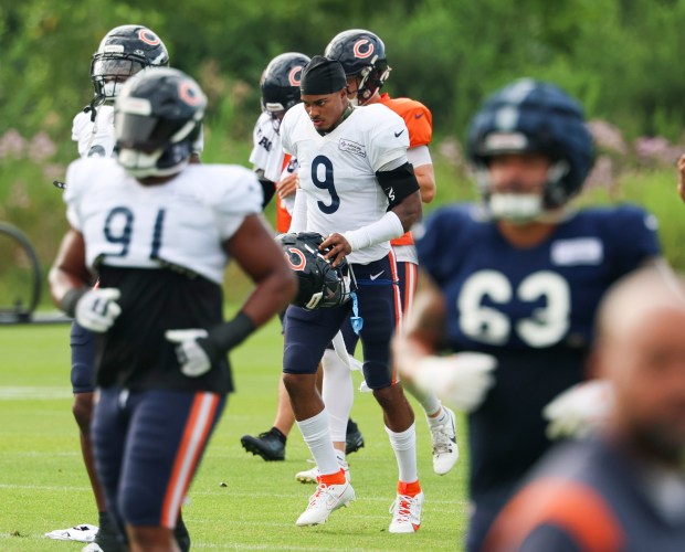 Chicago Bears safety Jaquan Brisker (9) during training camp at Halas Hall on July 29, 2025, in Lake Forest.  (Stacey Wescott/Chicago Tribune)