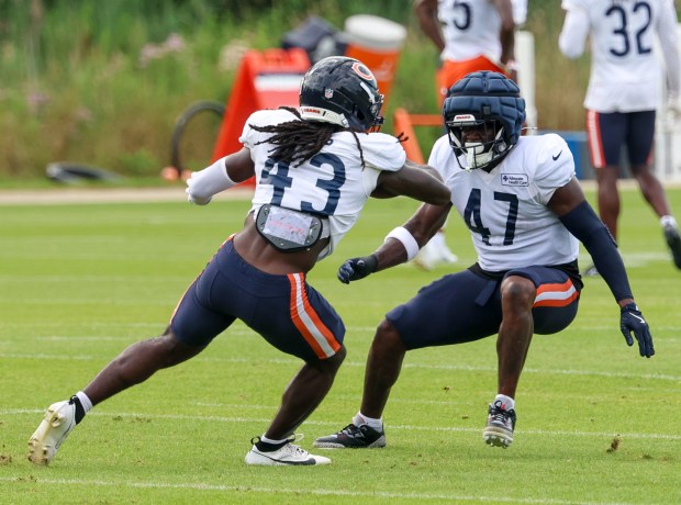 Chicago Bears linebackers Carl Jones Jr. (43)  linebacker Ruben Hyppolite II (47) run through drills during training camp at Halas Hall on July 29, 2025, in Lake Forest. (Stacey Wescott/Chicago Tribune)