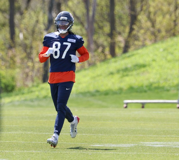 Rookie wide receiver Luther Burden III runs down the field during Bears rookie camp at Halas Hall on May 9, 2025, in Lake Forest. (Stacey Wescott/Chicago Tribune)