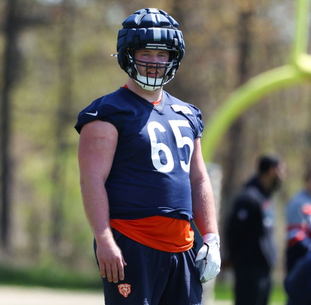Offensive lineman Luke Newman waits for the next drill to start during Bears rookie camp at Halas Hall on May 9, 2025, in Lake Forest. (Stacey Wescott/Chicago Tribune)