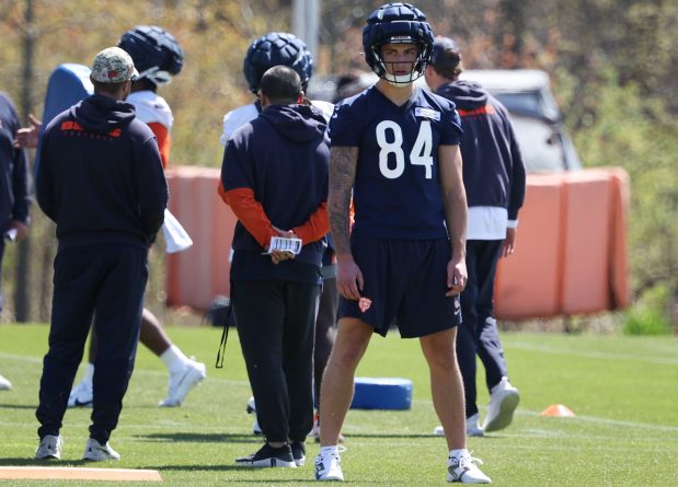 Rookie tight end Colston Loveland watches from the sideline during Bears rookie camp at Halas Hall on May 9, 2025, in Lake Forest. (Stacey Wescott/Chicago Tribune)