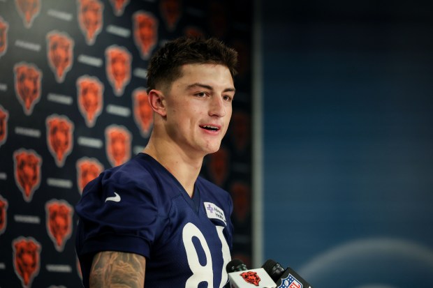 Bears first-round draft pick Colston Loveland speaks with the media following rookie camp at Halas Hall on May 9, 2025, in Lake Forest. (Stacey Wescott/Chicago Tribune)
