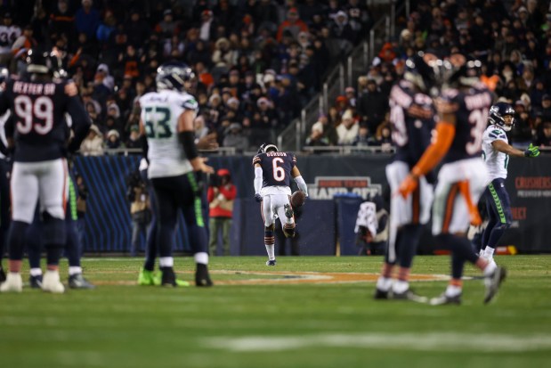 Bears cornerback Kyler Gordon runs the ball toward the end zone but was later ruled down after recovering a Seahawks fumble during the third quarter on Dec. 26, 2024, at Soldier Field. (Armando L. Sanchez/Chicago Tribune)