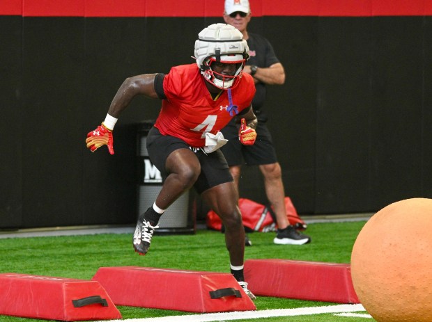 Maryland linebacker Ruben Hyppolite II performs drills during practice July 31, 2024, in College Park, Md. (Kenneth K. Lam/Baltimore Sun)