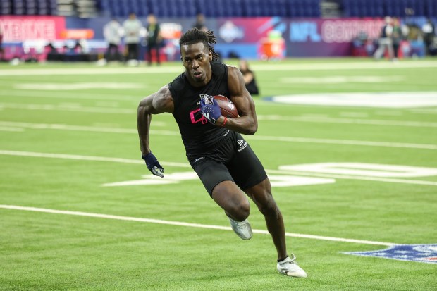 Texas-San Antonio cornerback Zah Frazier participates in a drill during the scouting combine on Feb. 28, 2025, at Lucas Oil Stadium in Indianapolis. (Stacy Revere/Getty Images)