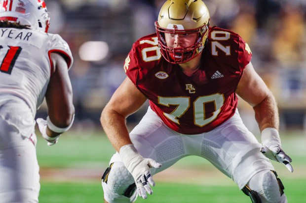 Boston College offensive tackle Ozzy Trapilo anchors the line during a game against Louisville on Oct. 25, 2024, in Chestnut Hill, Mass. (Greg M. Cooper/AP)