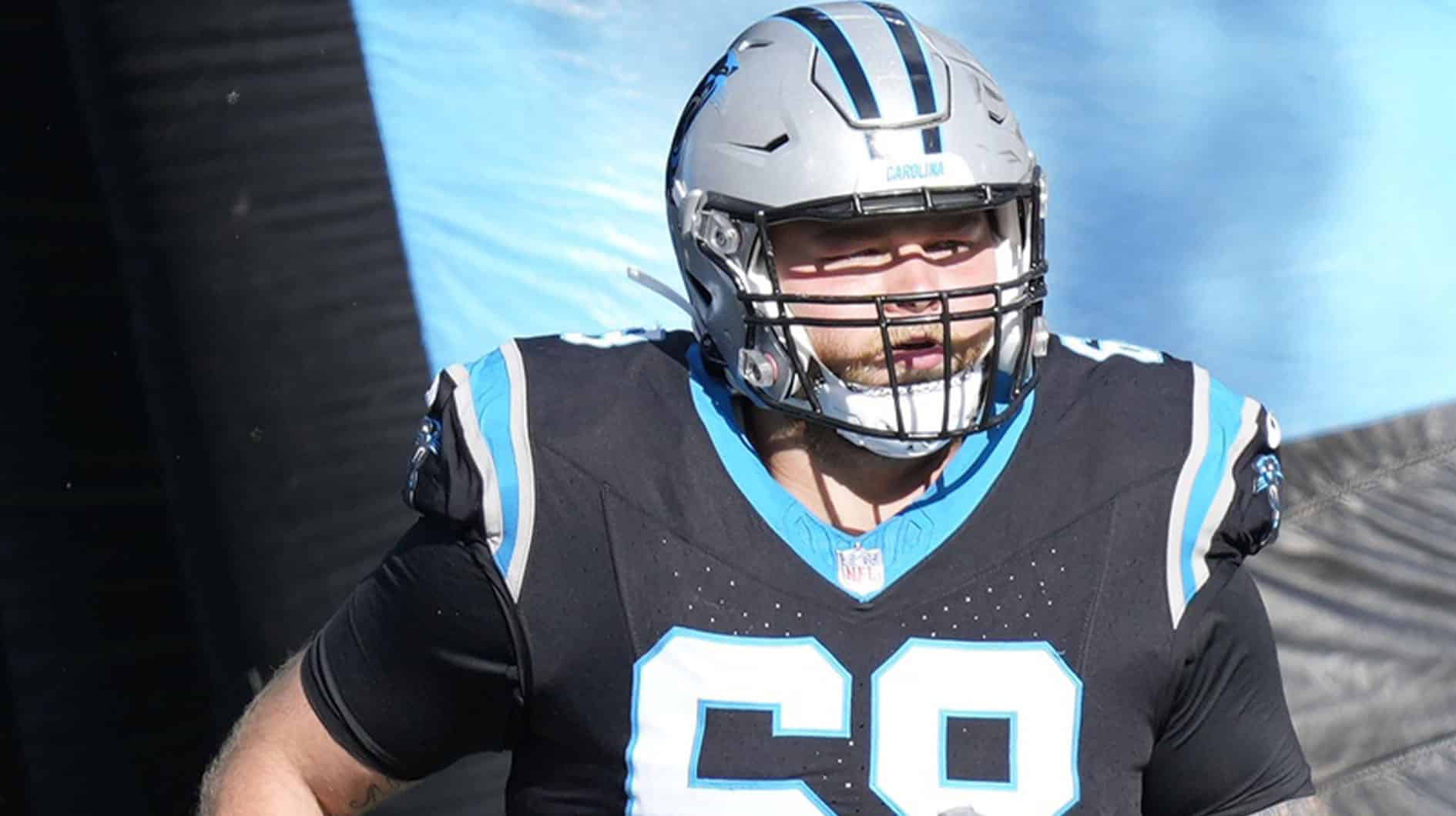 Carolina Panthers guard Cade Mays (68) takes the field during the first quarter against the Green Bay Packers at Bank of America Stadium.