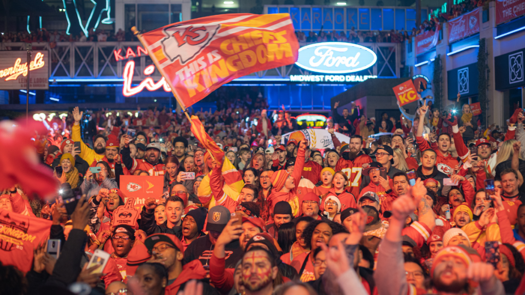 Kansas City Chiefs fans gather in the Power and Light District.