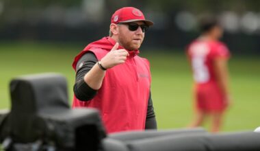 Tampa Bay Buccaneers offensive coordinator Liam Coen during an NFL football training camp practice Thursday, July 25, 2024, in Tampa, Fla. (AP Photo/Christopher O'Meara)