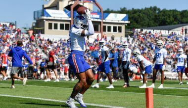 Buffalo Bills wide receiver Keon Coleman (0) catches a pass during practice at the team's NFL football training camp, Wednesday, July 23, 2025, in Pittsford, N.Y. (AP Photo/Adrian Kraus)