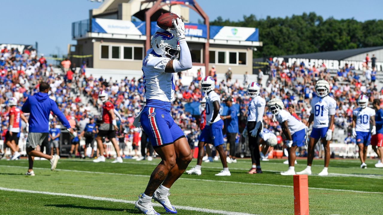 Buffalo Bills wide receiver Keon Coleman (0) catches a pass during practice at the team's NFL football training camp, Wednesday, July 23, 2025, in Pittsford, N.Y. (AP Photo/Adrian Kraus)