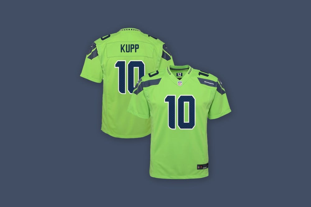 Front and back views of the Cooper Kupp Seattle Seahawks Nike Youth Game Jersey in neon green against a navy blue background.