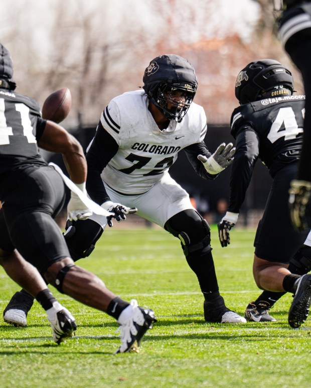 Colorado offensive lineman Zy Crisler (72) during spring football practice on April 8, 2025, in Boulder, Colo. (CU Athletics)