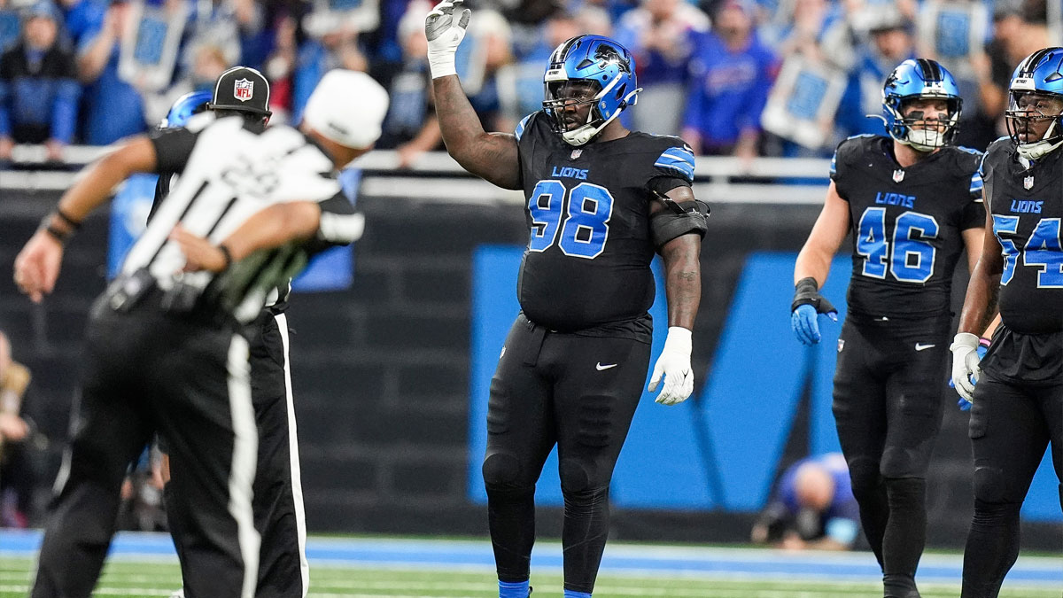 Detroit Lions defensive tackle DJ Reader asks for crowd noise before a play against the Buffalo Bills during the first half at Ford Field in Detroit on Sunday, Dec. 15, 2024.