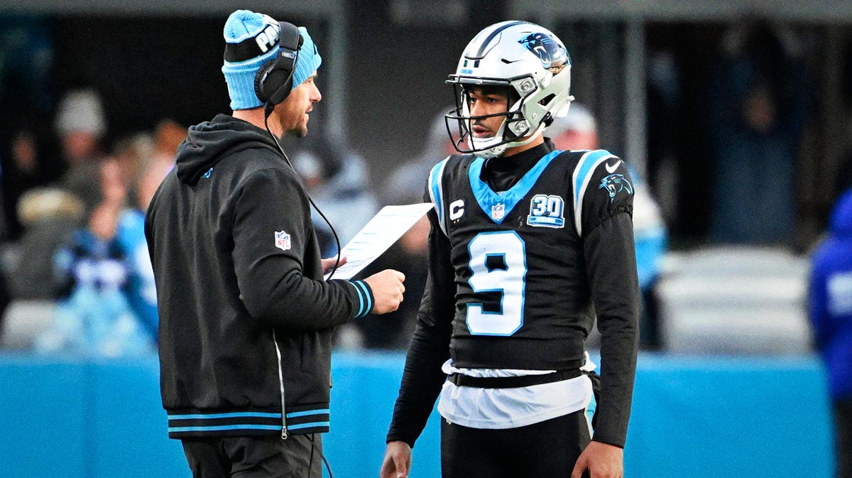 Carolina Panthers head coach Dave Canales with quarterback Bryce Young (9) in the fourth quarter at Bank of America Stadium.