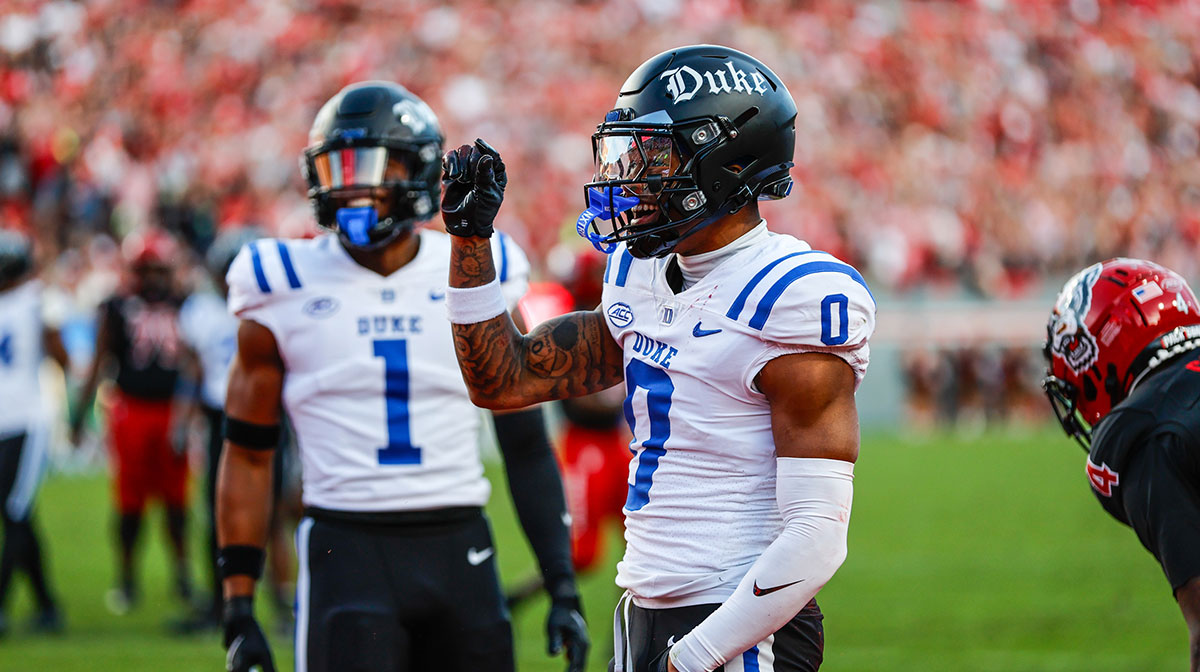 Duke Blue Devils cornerback Chandler Rivers (0) celebrates a blocked touchdown during the first half of the game against North Carolina State Wolfpack at Carter-Finley Stadium.