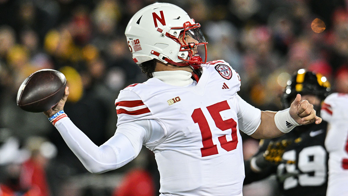 Nebraska Cornhuskers quarterback Dylan Raiola (15) throws a pass against the Iowa Hawkeyes during the first quarter at Kinnick Stadium.