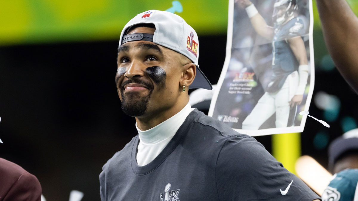 Philadelphia Eagles quarterback Jalen Hurts (1) celebrates after defeating the Kansas City Chiefs during Super Bowl LIX at Ceasars Superdome.
