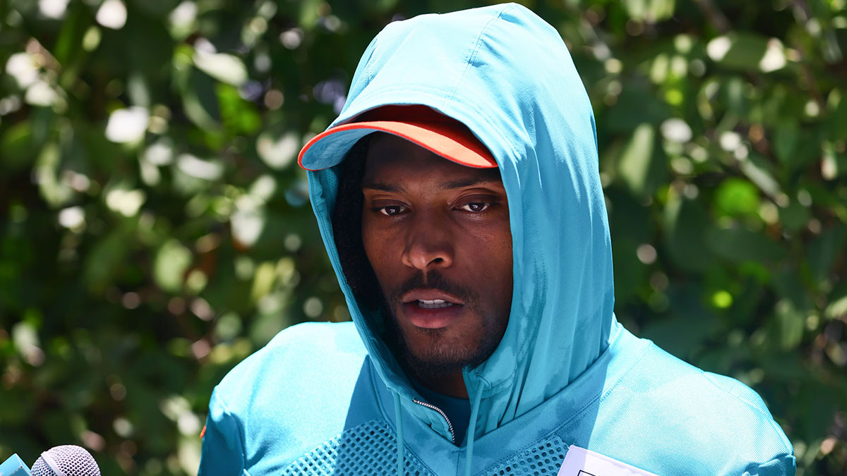 Miami Dolphins cornerback Jalen Ramsey (5) speaks to reporters during mandatory minicamp at Baptist Health Training Complex.