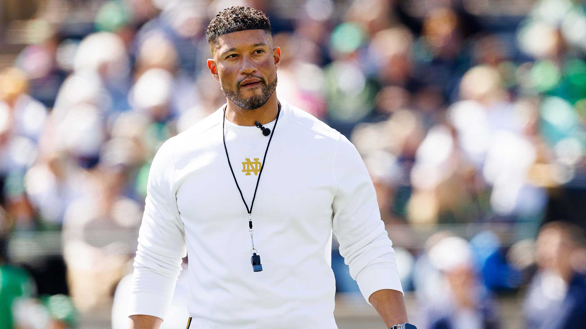 Notre Dame head coach Marcus Freeman during the Notre Dame Blue-Gold spring football game at Notre Dame Stadium on Saturday, April 12, 2025, in South Bend.