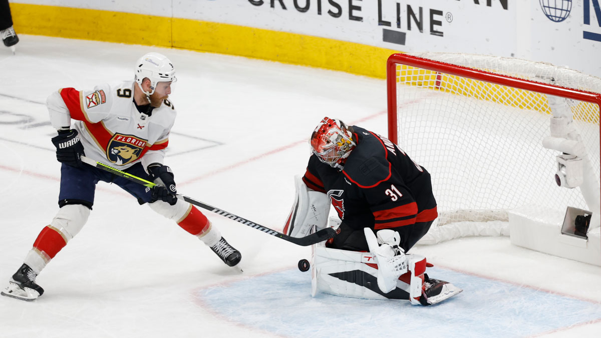 Carolina Hurricanes goaltender Frederik Andersen (31) blocks a shot by Florida Panthers forward Sam Bennett (9) during the third period in game five of the Eastern Conference Final of the 2025 Stanley Cup Playoffs at Lenovo Center