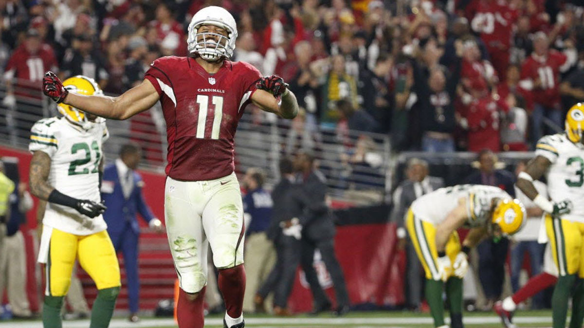 2015: Larry Fitzgerald's game-winning touchdown in overtime capped a wild finish in a 26-20 win for the Cardinals over the Packers. The Packers forced overtime when Aaron Rodgers completed a fourth-and-20 pass for 60 yards to Jeff Janis, and then a 41-yard Hail Mary to Janis with five seconds remaining for the tying touchdown.