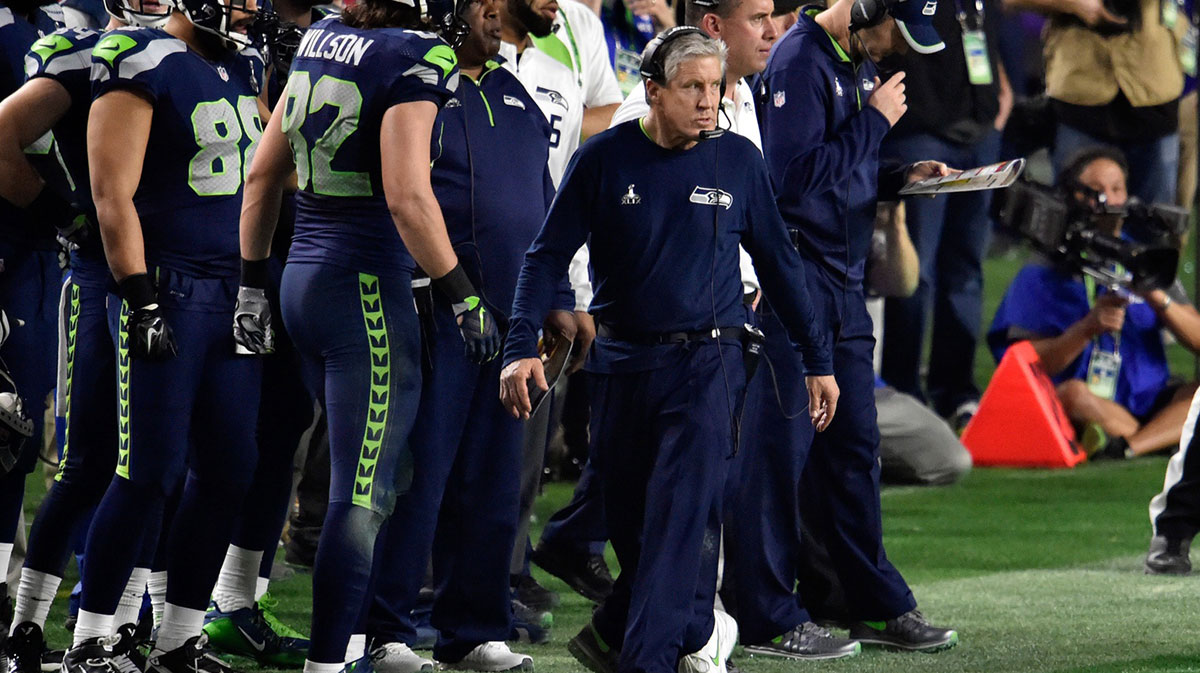 Seattle Seahawks head coach Pete Carroll looks on against the New England Patriots during Super Bowl XLIX at University of Phoenix Stadium. The Patriots won 28-24.