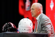 Texas Tech head coach Joey McGuire answers questions from reporters during Big 12 Media Days...