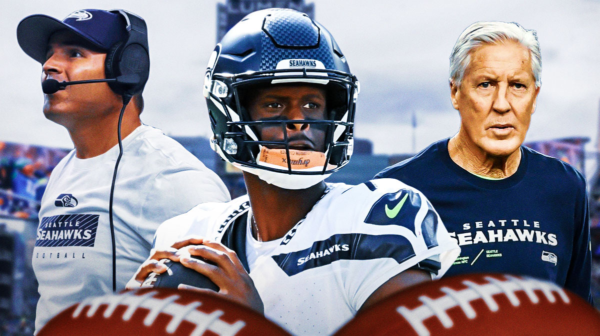 Seattle Seahawks star Geno Smith in the middle with Pete Carroll and Mike Macdonald on either side in front of Lumen Field.
