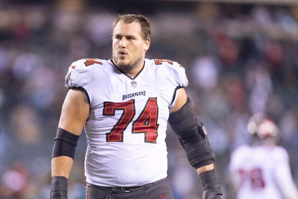 PHILADELPHIA, PA - OCTOBER 14: Ali Marpet #74 of the Tampa Bay Buccaneers looks on after the game against the Philadelphia Eagles at Lincoln Financial Field on October 14, 2021 in Philadelphia, Pennsylvania. (Photo by Mitchell Leff/Getty Images)