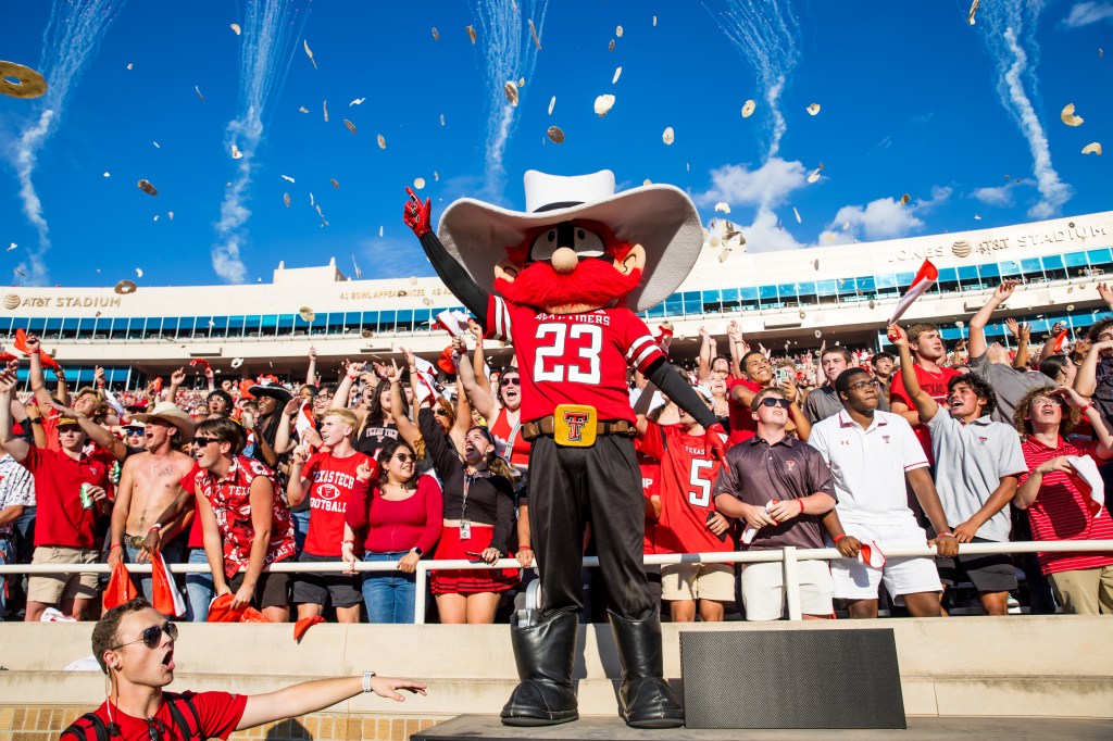 Mascot Raider Red gestures as Texas Tech fans throw tortillas on the field during the opening kickoff on August 31, 2024. 