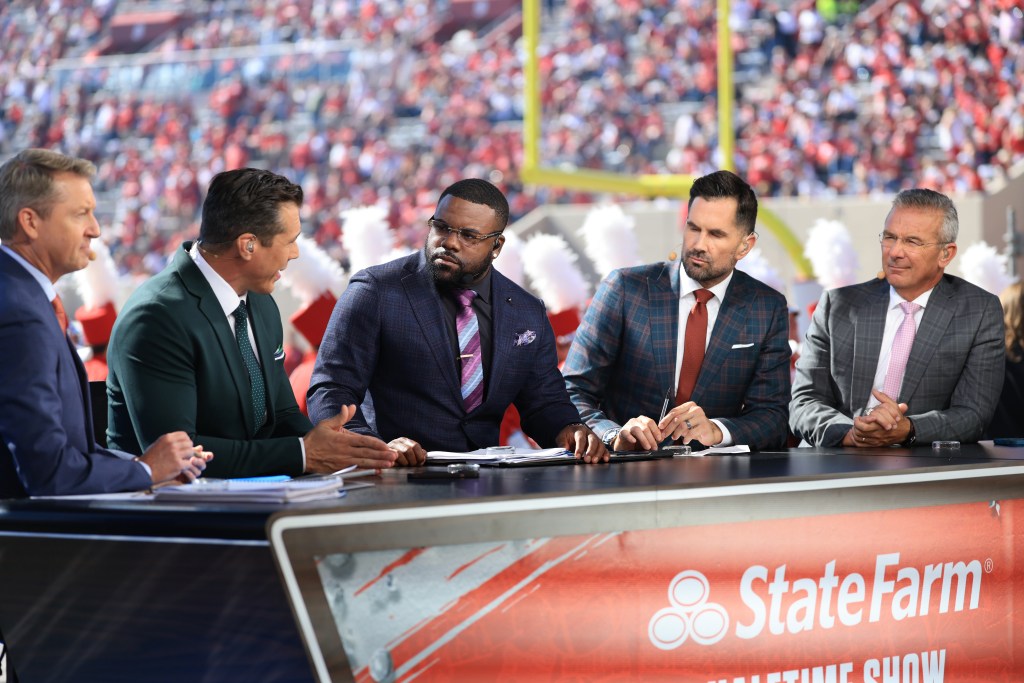 From left: Rob Stone, Brady Quinn, Mark Ingram, Matt Leinart and Urban Meyer on Fox's "Big Noon Kickoff" show.