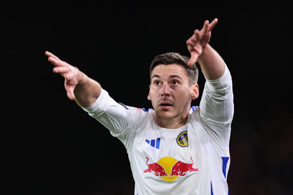 Max Wober takes a throw-in for Leeds at Middlesbrough.