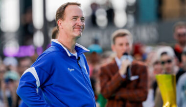NEW ORLEANS, LA - FEBRUARY 09: Peyton and Eli Manning compete in the FanDuel "Kick of Destiny 3," before Super Bowl LIX between the Kansas City Chiefs and the Philadelphia Eagles on Sunday, February 9, 2025 at the Caesars Superdome in New Orleans, LA. (Photo by Bob Kupbens/Icon Sportswire via Getty Images)