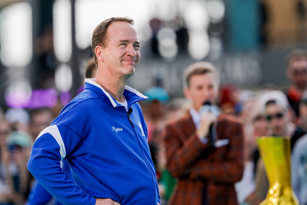 NEW ORLEANS, LA - FEBRUARY 09: Peyton and Eli Manning compete in the FanDuel "Kick of Destiny 3," before Super Bowl LIX between the Kansas City Chiefs and the Philadelphia Eagles on Sunday, February 9, 2025 at the Caesars Superdome in New Orleans, LA. (Photo by Bob Kupbens/Icon Sportswire via Getty Images)