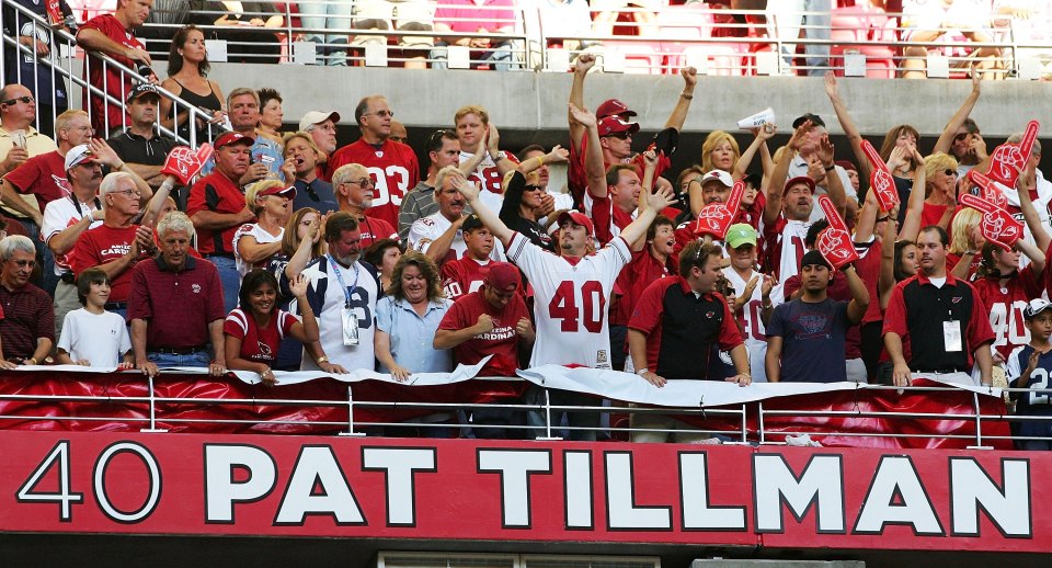 GLENDALE, AZ - NOVEMBER 12: Pat Tillman, who was killed in Afghanistan in 2004 after quitting the NFL's Arizona Cardinals to join the U.S. Army Rangers, is honored as the Cardinals retire Pat Tillman's #40 at half time of the game against the Dallas Cowboys on November 12, 2006 at University of Phoenix Stadium in Glendale, Arizona. The Cowboys defeated the Cardinals 27-10. (Photo by Robert Laberge/Getty Images)