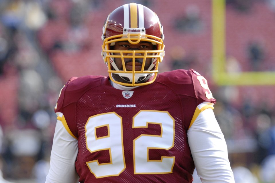 LANDOVER, MD - DECEMBER 6, 2009: Defensive lineman Albert Haynesworth #92 of the Washington Redskins prepares for a game against the New Orleans Saints on December 6, 2009 at Fedex Field in Landover, Maryland. The Saints beat the Redskins in overtime, 33-30 to advance to a 12-0 record. (Photo by: Meredith Forrest/Diamond Images/Getty Images)