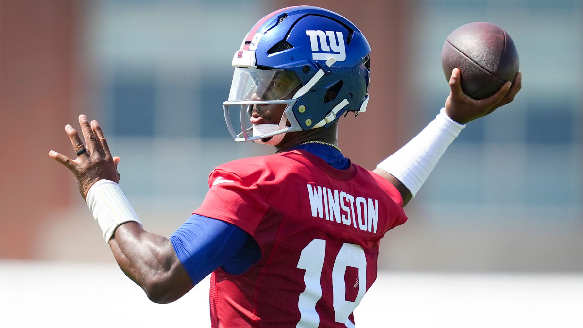 New York Giants quarterback Jameis Winston (19) throws the ball on day two of training camp at Quest Diagnostics Giants Training Center