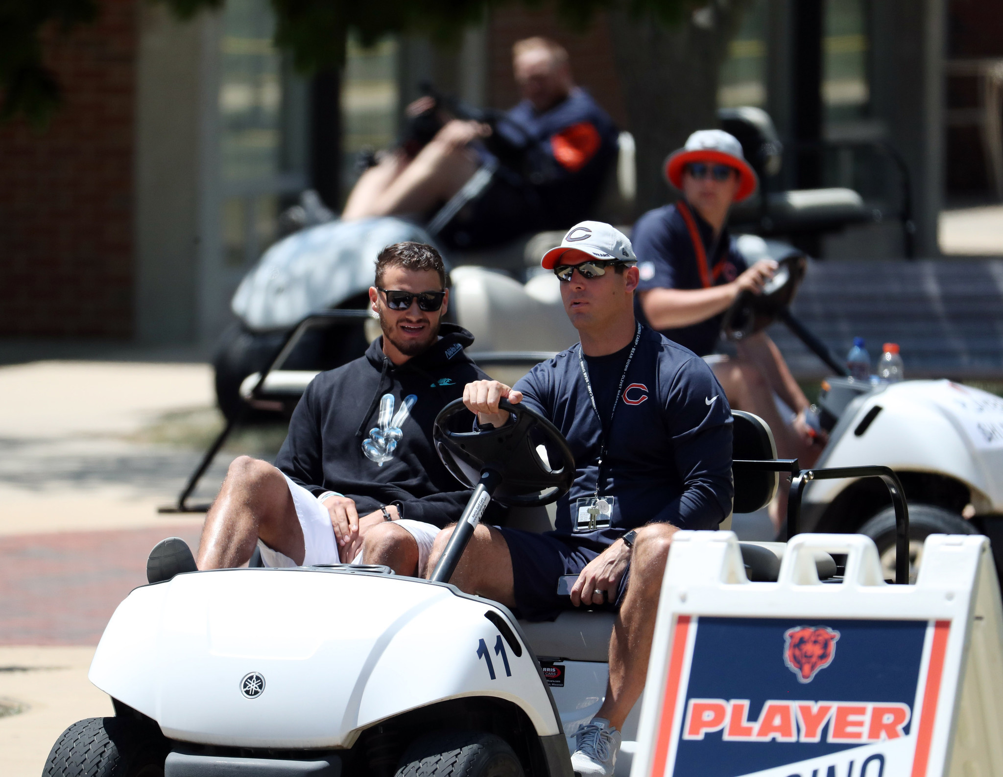 Quarterback Mitch Trubisky gets a ride as the Bears report to training camp on July 19, 2018 at Olivet Nazarene University in Bourbonnais.